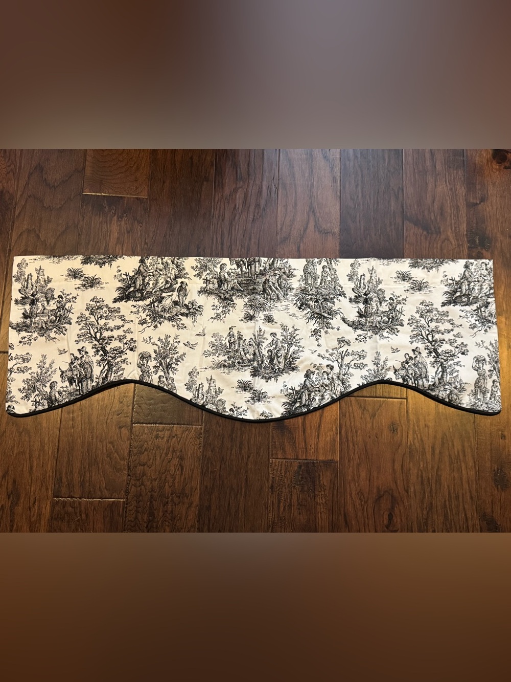 Black and Ivory Toile Shaped Valance with Scalloped Edge 52” long